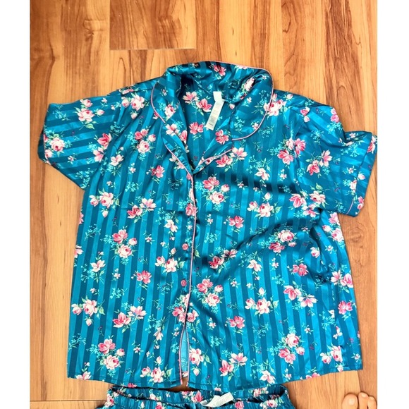 Floral Pajama Set Teal Pink Striped Sleepwear  Matching Shorts Button Up Size M - Picture 4 of 7